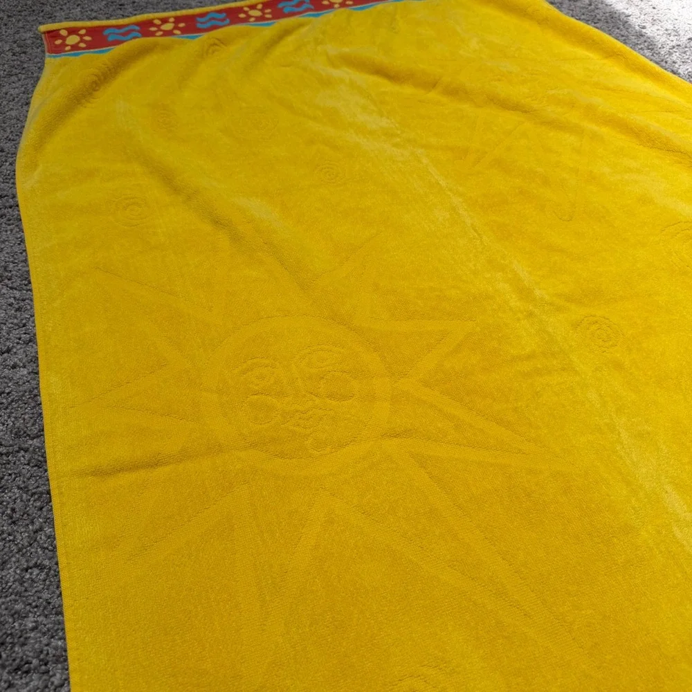 Vintage Seaside Beach Towel Celestial Sun Embossed Retro Yellow Cotton 55x31